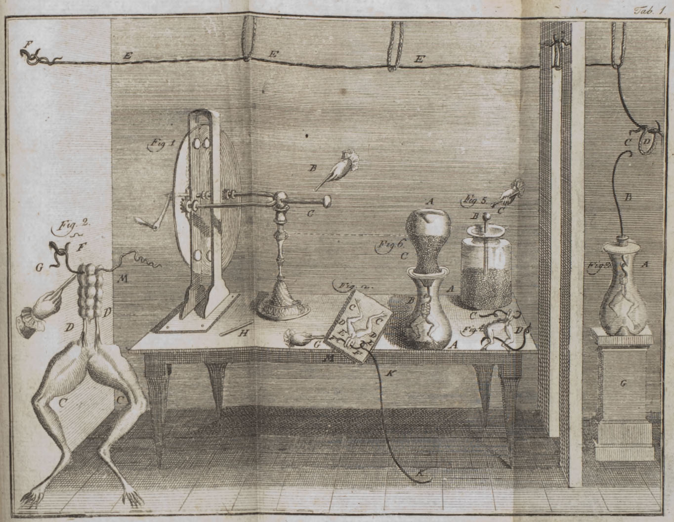 An illustration from Galvani's 1791 publication that shows some of the devices (along with frog preparations) used in his experiments.